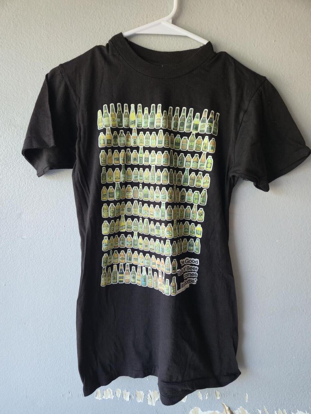 Vintage Black Graphic T-Shirt with Beer Bottle Print